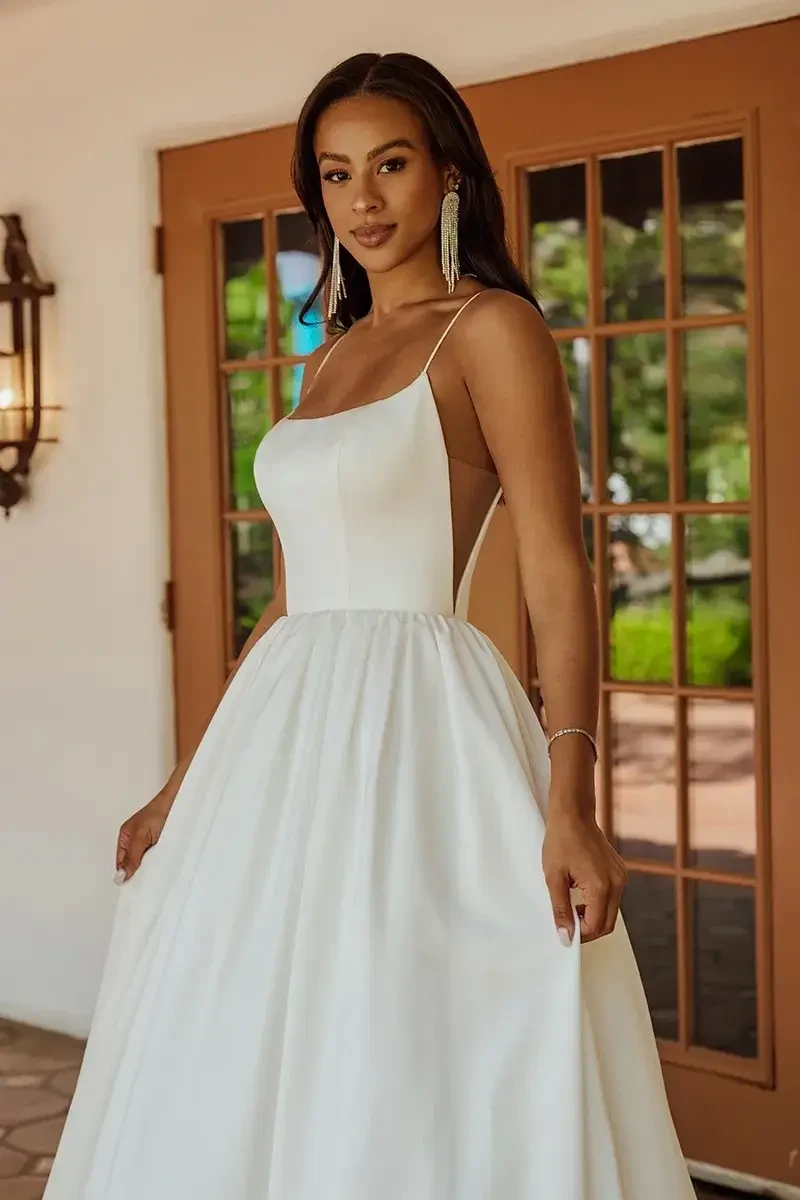model is wearing a sleeveless a-line bridal gown